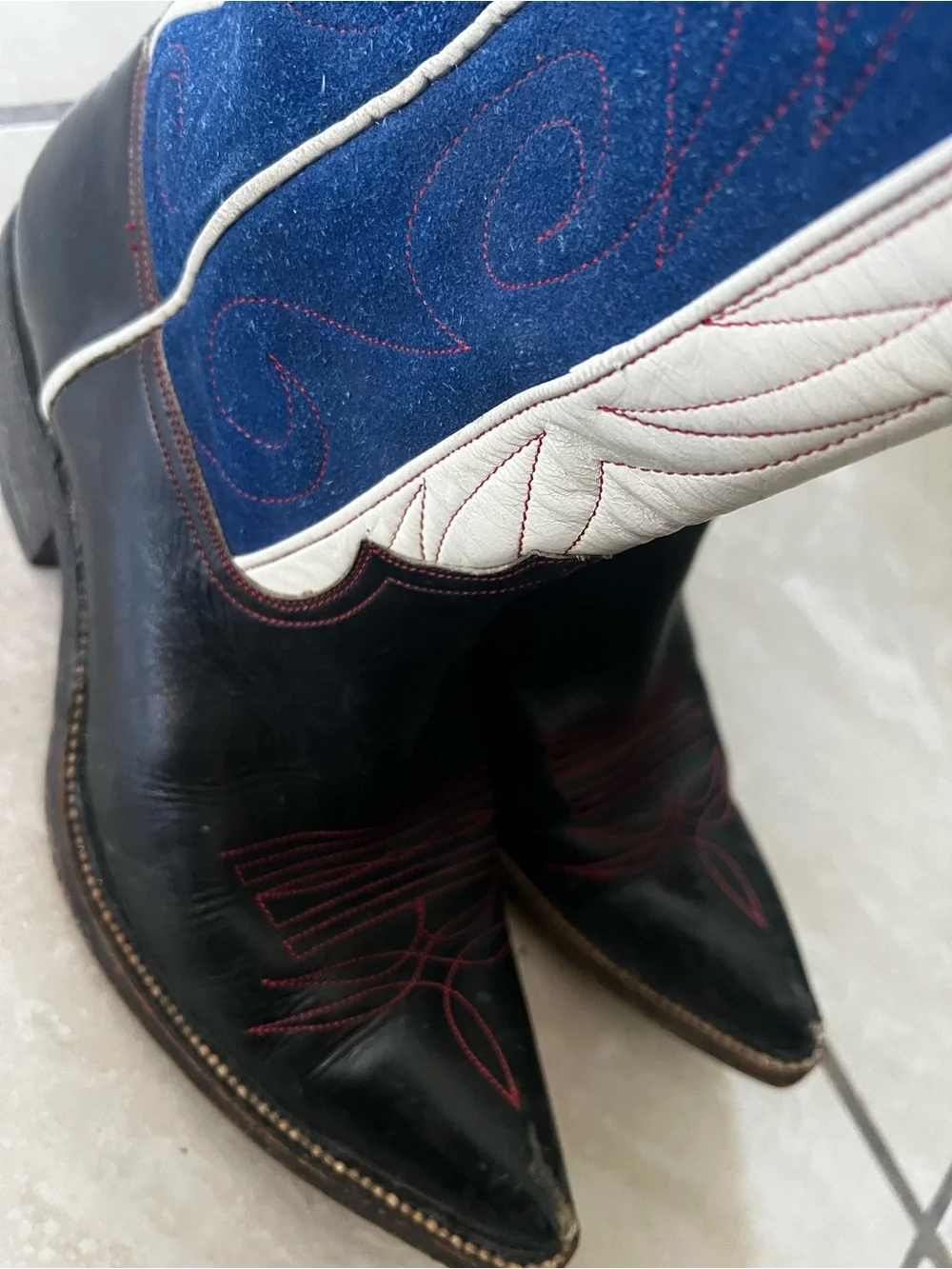 Men's Navy Blue and White Western Cowboy Boots